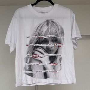 Sabrina Carpenter Graphic Photo Print White Tee with Black & Red Text